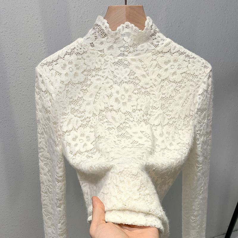 Dámské tričko s krajkovou základnou a polovičním rolákem, nové podzimní a zimní slim top se síťovinou a dlouhým rukávem