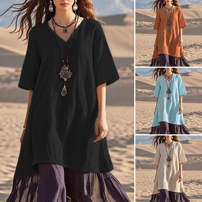 Damen Boho Patchwork Lockeres Kleid Lässiges V-Ausschnitt Kurzarm Swing Kleid Sommer Strandurlaub Sommerkleid