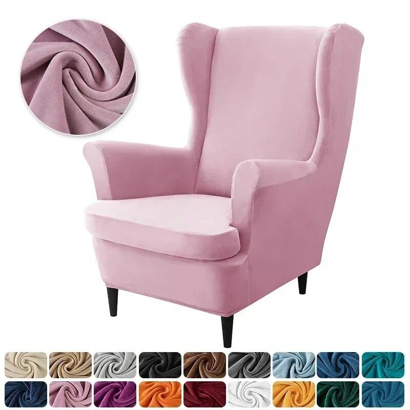 Velvet Wing Chair Cover Stretch All-inclusive Armchair Slipcover with Seat Cushion Covers Solid Color Single Sofa Protector Case