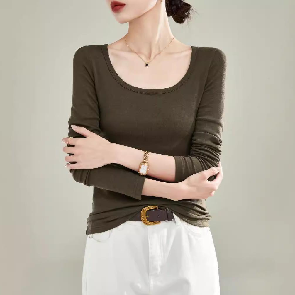DeRong Spring and Autumn Base Shirt 2026 New Model U-Neck Slim Fit Long Sleeve T-Shirt Commuting Inner Layer Top for Women