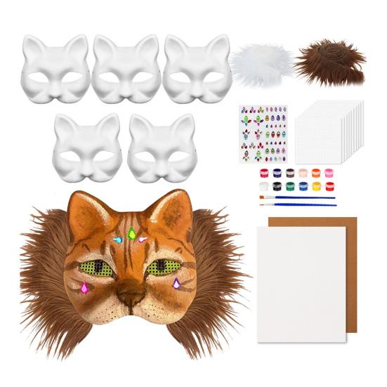 DIY Therian Masque Kit Blank Hand Painted Half Face Cat Fox Masque with Fur Eye Mesh And Felt Sheet for Halloween Carnival Masquerade Party Cosplay