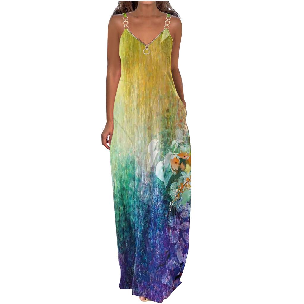 Dresses For Women Printing V Neck Dress  Long Dress With Pockets Zipper Casual Boho Print Maxi Dress