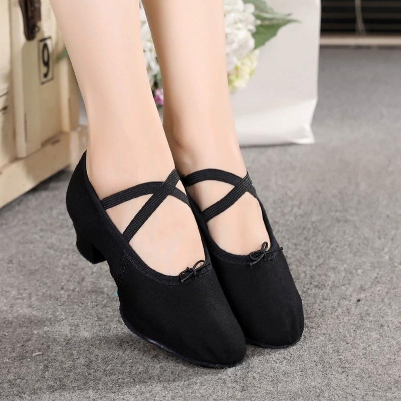 Women's Adult Child Canvas Soft Sole Training Shoes for Yoga Ballet Folk Dance High-Heeled Teacher Shoes Leather Sneakers