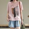 Cotton Linen T Shirts Women Fashionable Vintage Art Printed T-shirt Casual Loose O-neck Short Sleeve Tops Summer Trend Thin Tshirt