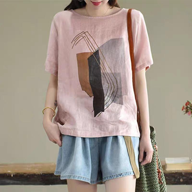 Cotton Linen T Shirts Women Fashionable Vintage Art Printed T-shirt Casual Loose O-neck Short Sleeve Tops Summer Trend Thin Tshirt