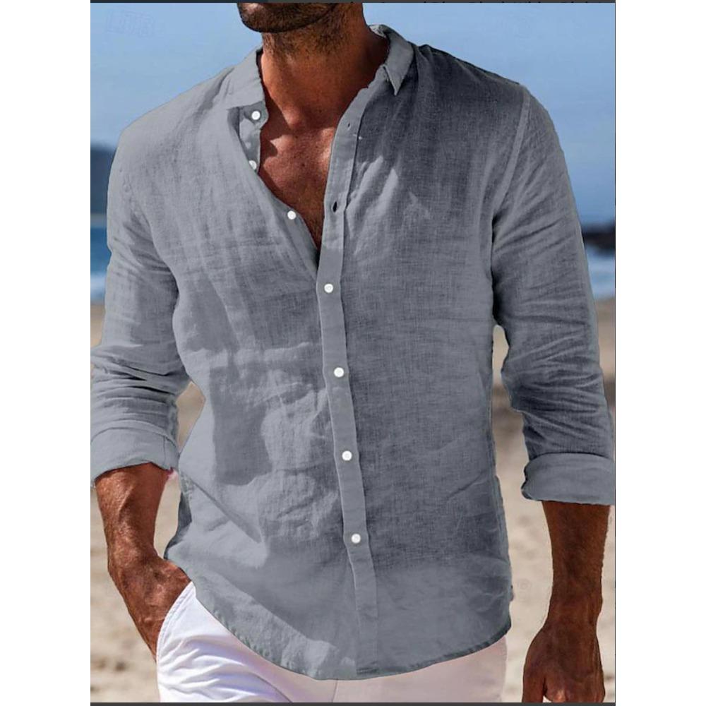 Herrenhemden Frühling/Sommerhemden Strandbekleidung Button-Down-Hemden Einfarbig Urlaubs-Casual Langarm mit Kragen