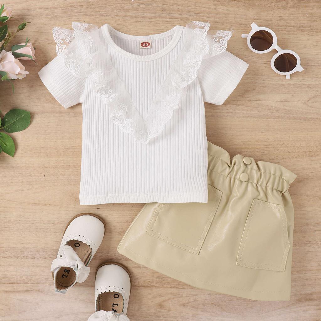 Girls' Fashion Set Spring and Summer Children's Casual Lace Short-sleeved and Leather Short Skirt Two-piece Set