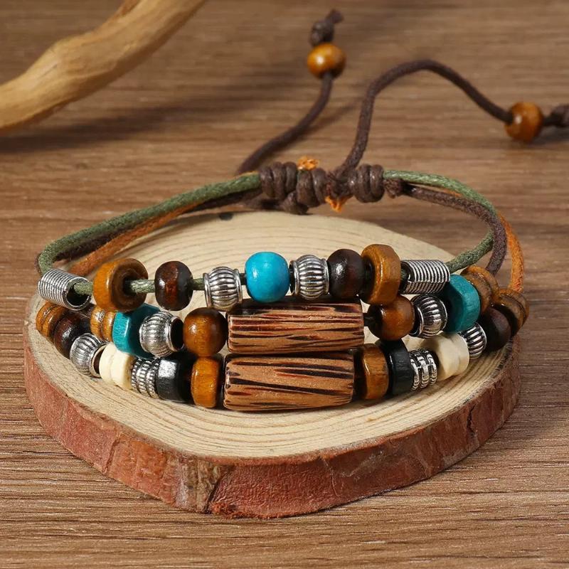 2Pcs/Set Multi-Layer Vintage Wood Beads Pendant Leather Beaded Weaved Prayer Necklace& Bracelet  Jewelry Gifts