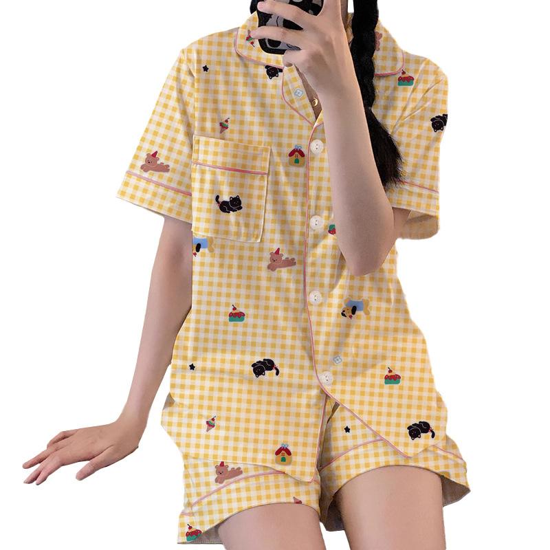 Summer Cartoon Pajamas Women'S Casual High-Value Plaid Short-Sleeved Two-Piece Loungewear