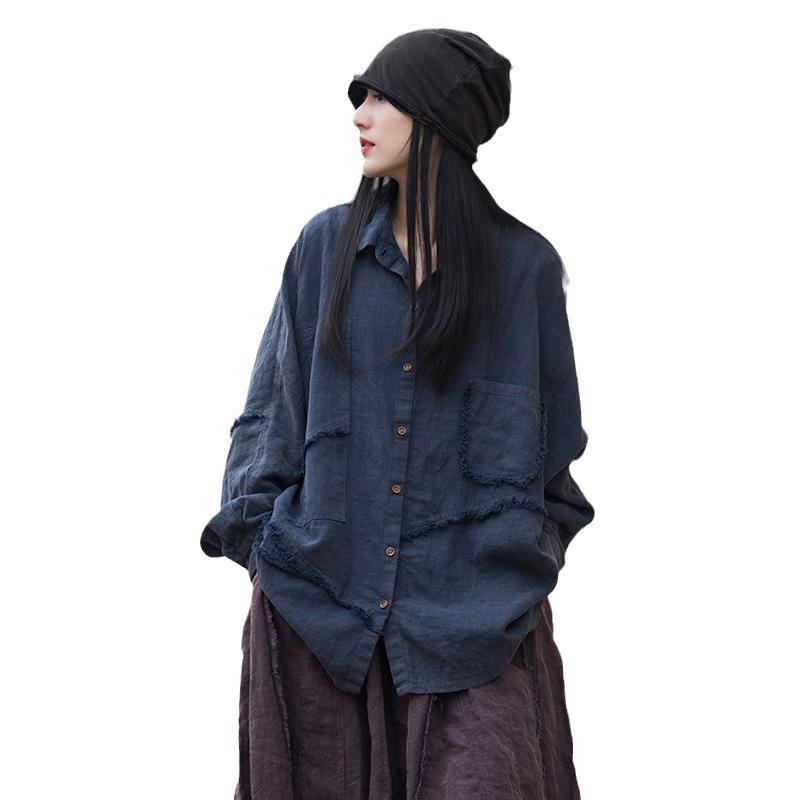 Women's Spring Loose-Fit Ramie Cotton Shirt with Distressed Irregular Splicing