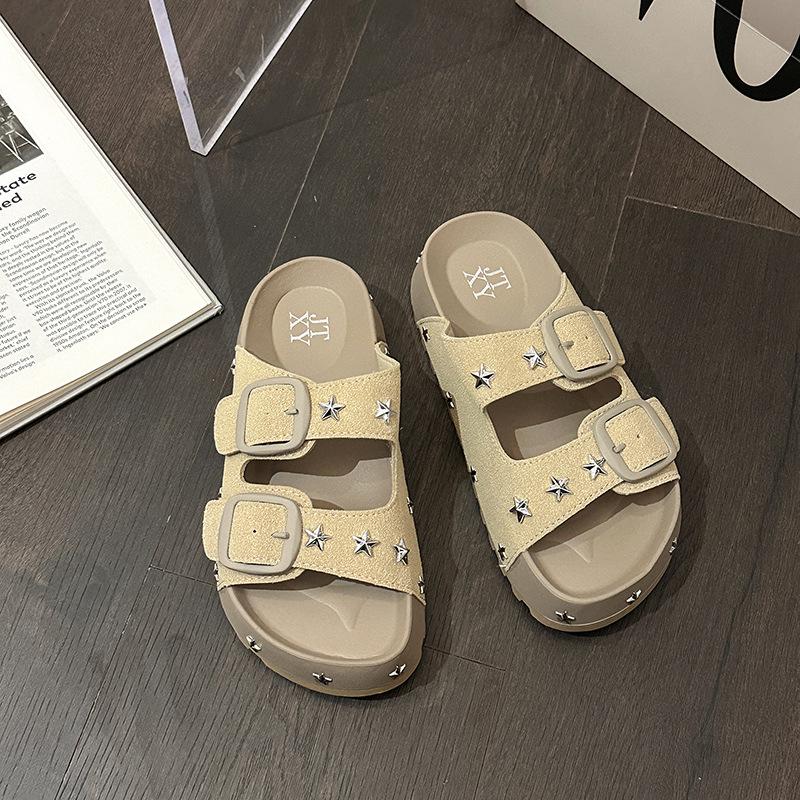 

2025 summer metal buckle flat-bottomed slippers women wear ins trendy women s one-word drag retro thick-bottomed cool slippers 40