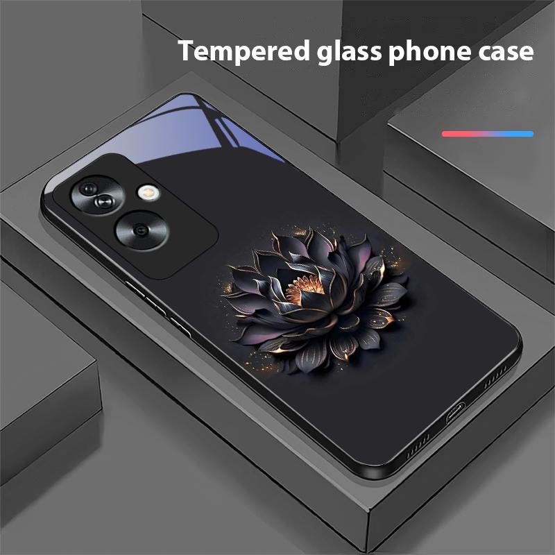 Luminous Black Lotus For Oppo A79 5G 58 78 74 60 4G Reno 11F Realme GT 6 11 Note 50 10 C55 X2 Tempered Glass Black Phone Case