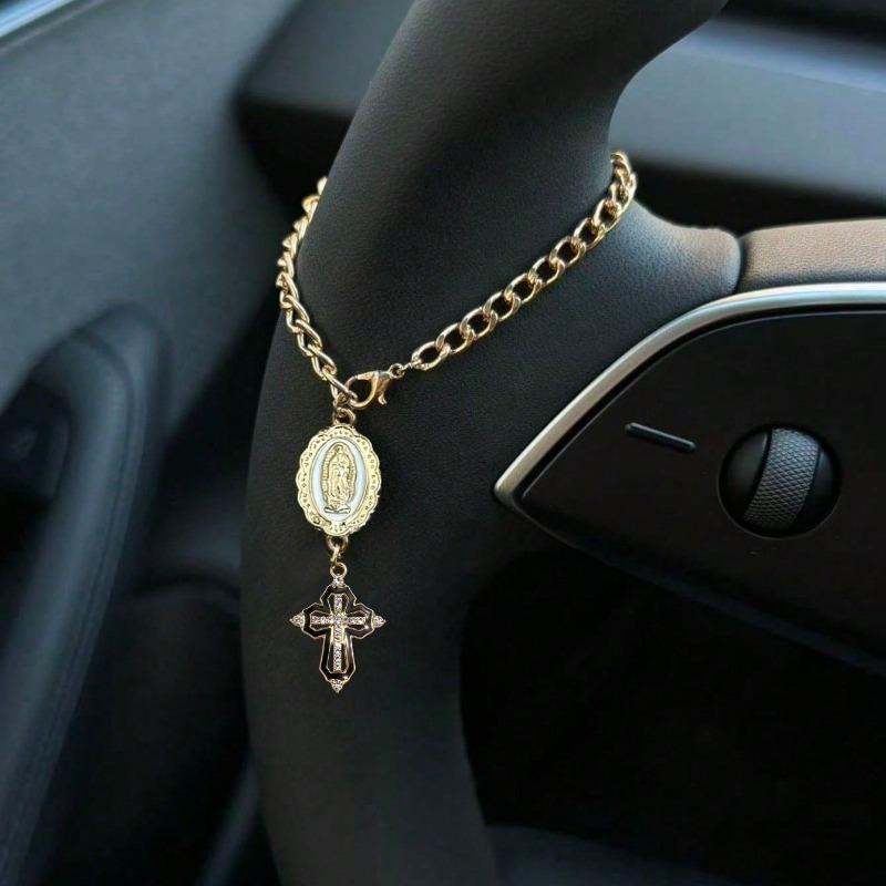 1pc Steering Wheel Decor - With Virgin Mary Pendant And Diamond Cross Steering Wheel Accessory, Multi-Color Options; Catholic Pendant, Car Accessories