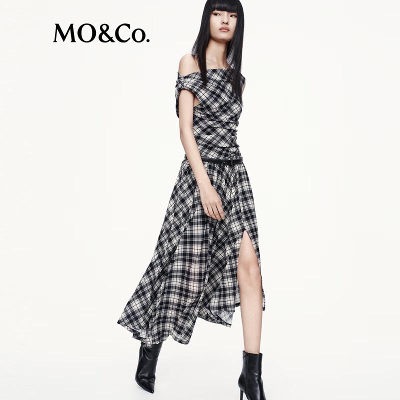 MO&Co. 2025 Autumn Plaid Asymmetric One-Shoulder Dress with Belt