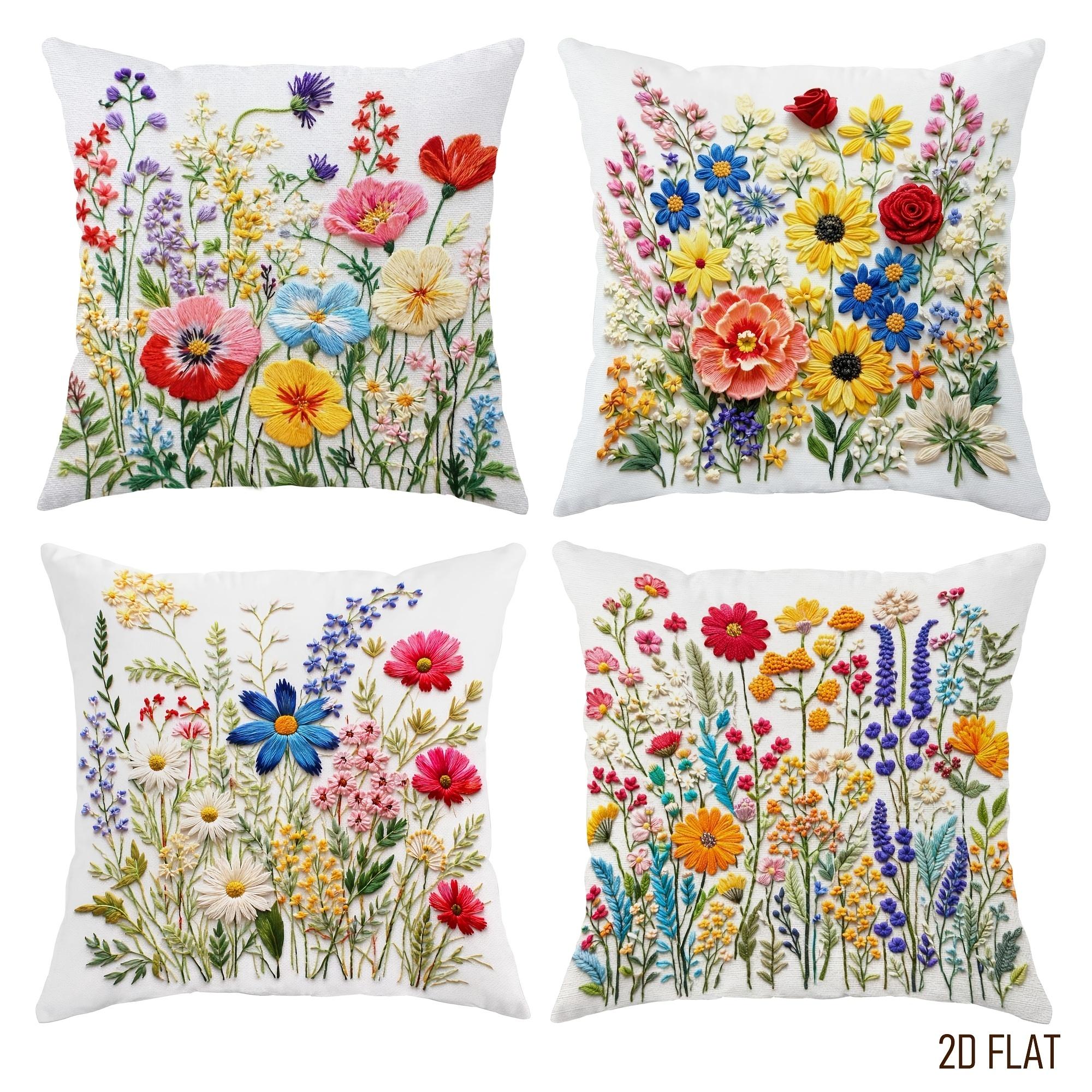 

4PCS Floral Embroidered Pillowcases with Colorful Flowers Sofa Cushion Cover Home Bedroom Room Decoration Cushion Covers