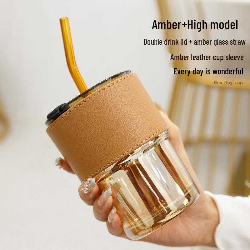 Cana elegantă din sticlă de bambus cu capac și pai - Portabilă pentru apă, lapte sau cafea