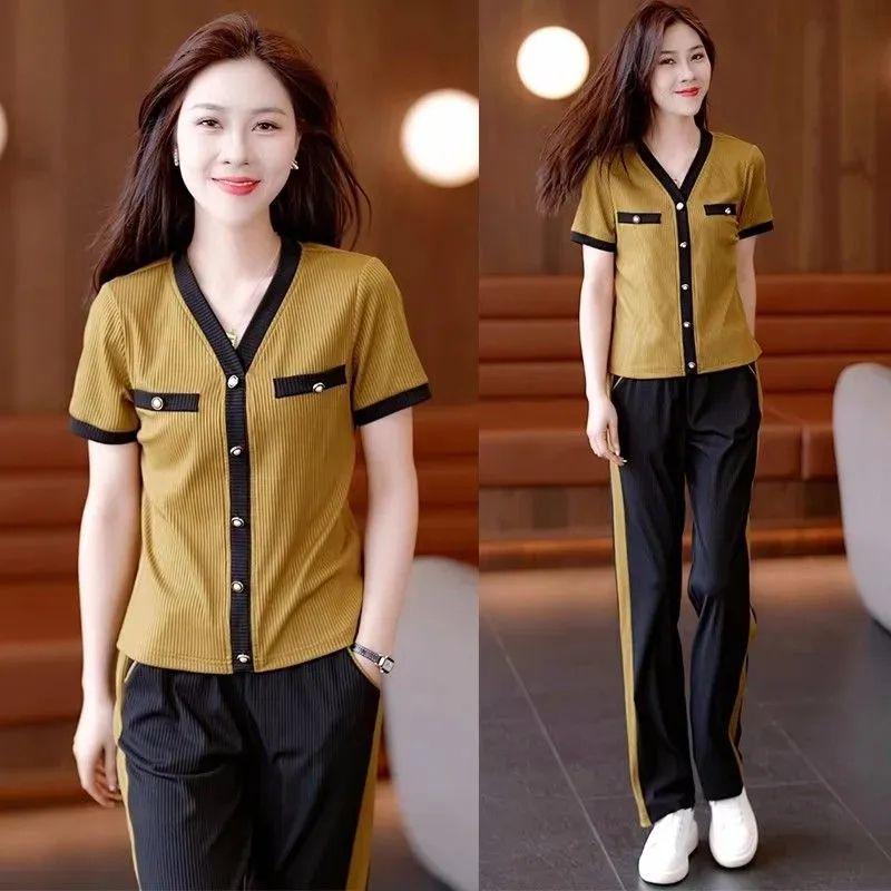 

Women s 2025 Summer Ice Silk Wide-Leg Pants & Top Set - Trendy Casual Style L оливковий колір