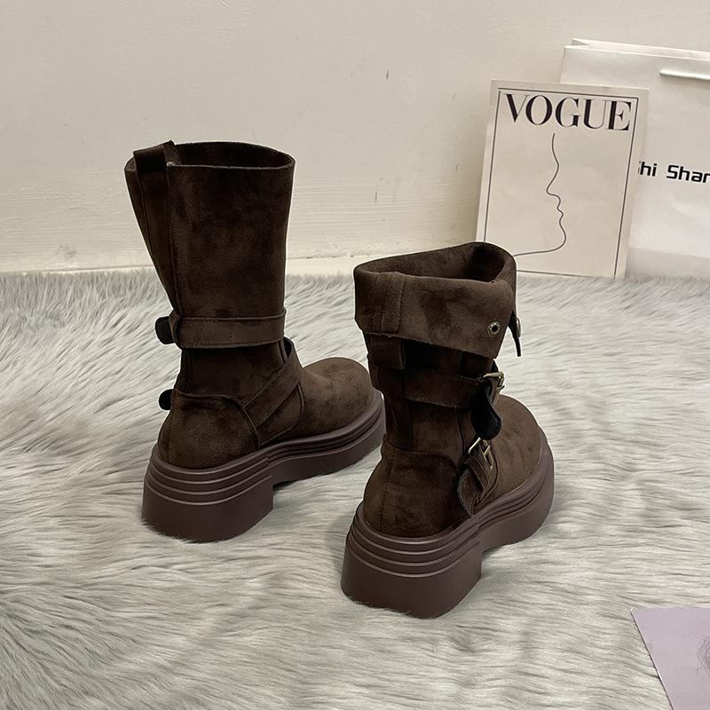 

Узкие универсальные короткие ботинки ретро ботинки Мартина женские новая коллекция замшевые толстый каблук толстая подошва 39 темно-коричневого