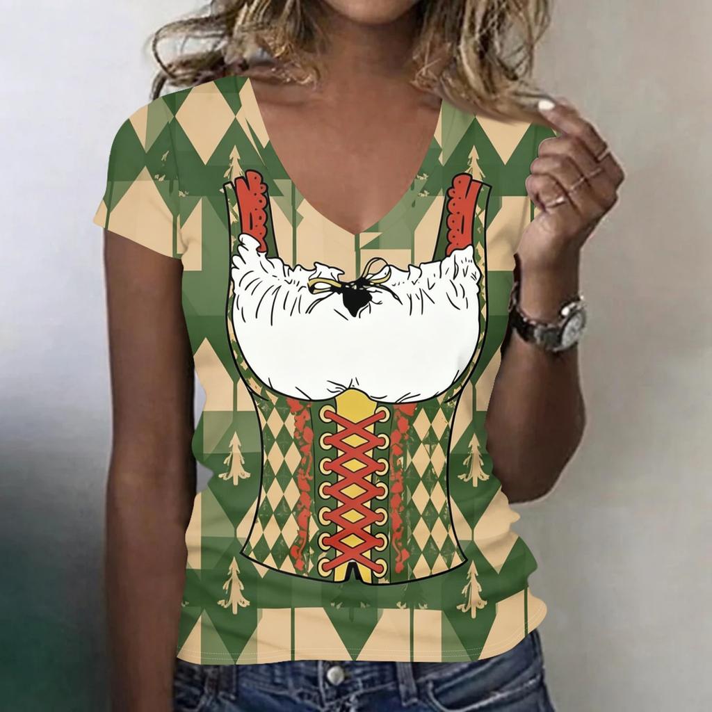 Camiseta Casual de Manga Corta con Cuello en V para Mujer con Estampado de Oktoberfest Top Tejido Ligero y Suave Ajuste Cómodo para el Uso Diario
