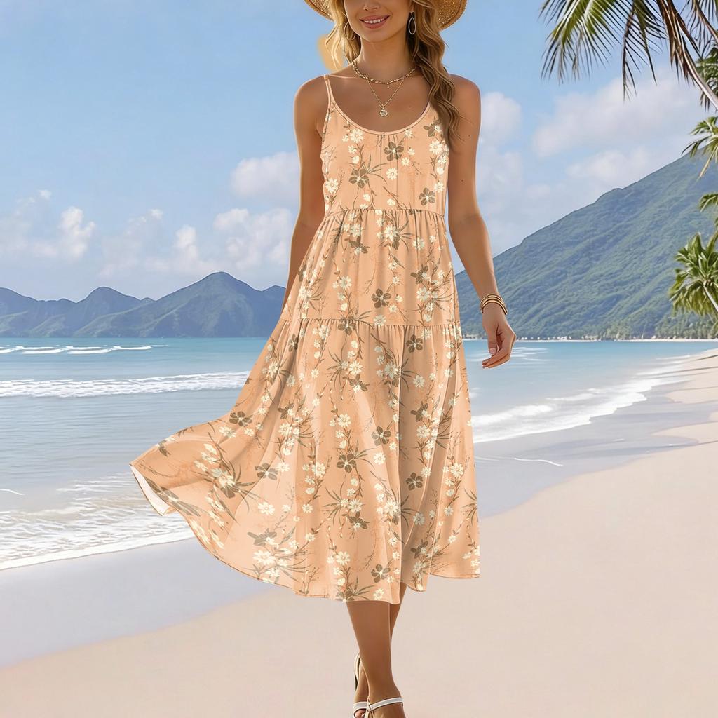 Women's Summer Fashion Printed Pocket Adjustable Shoulder Strap Bohemian Leisure Beach Resort Strap Dress