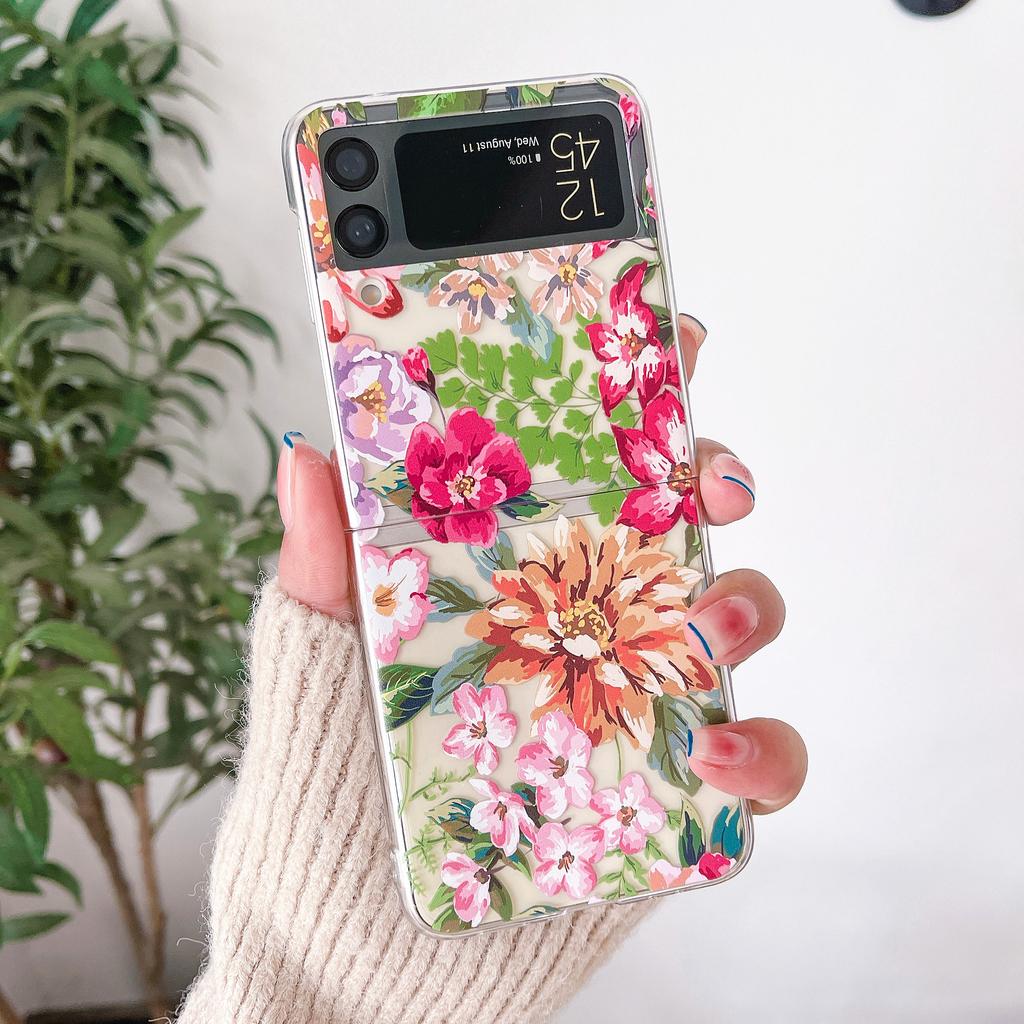 For Samsung Galaxy Z Flip 4 3 Case Vintage Flowers Painted Transparent Shockproof Hard Back Cover For Samsung Zflip4 Zflip3 Case