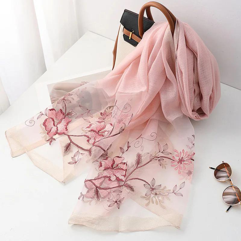 Fashion silk wool scarf women hijab pashmina shawls wrap Luxury Bandana Blanket Floral Pashmina Embroidery Scarves Foulard