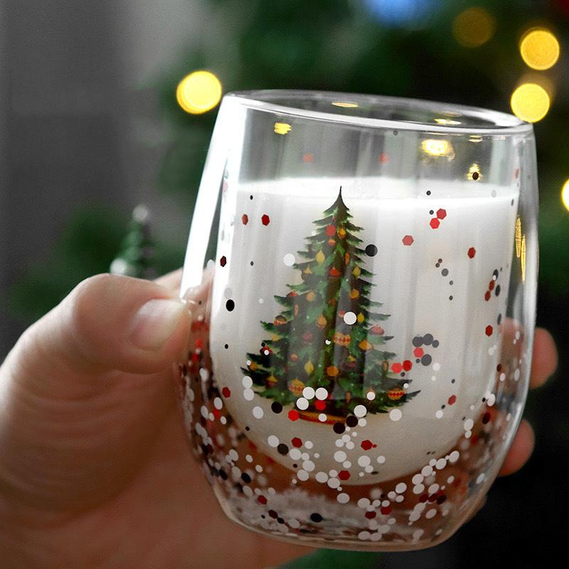 Double Wall Christmas Glass Cup Flowing Sequins Christmas Tree Snowman Coffee Cup Heat Resistant Tea Milk Juice Mug Xmas Gift