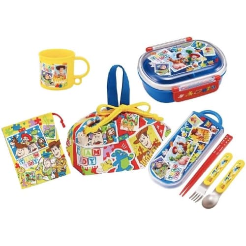 Skater Toy Story 24 Antibacterial Dishwasher Safe Soft Lid Tight Lunch Box, Oval Shape, 360ml Trio Set (Chopsticks, Spoon, Fork), Cup, Cup Bag, Lunch