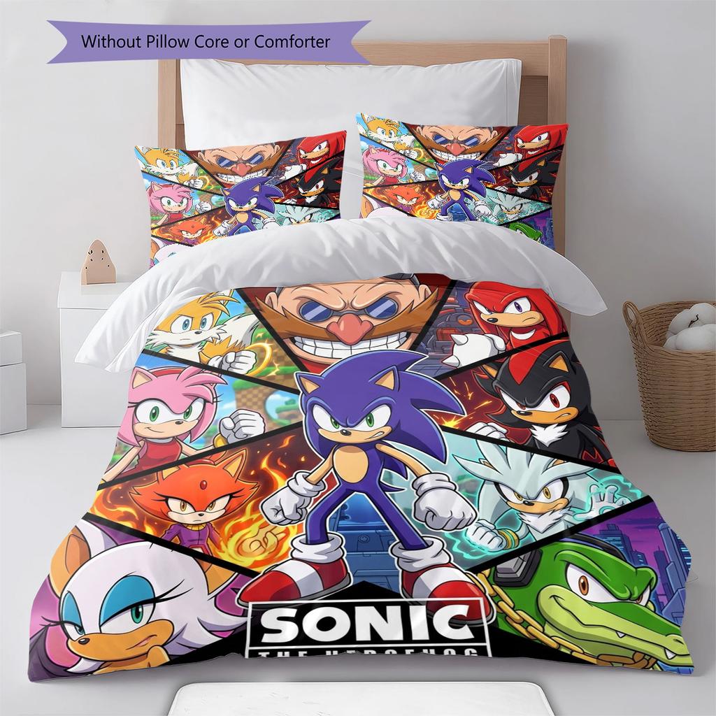 Sonic Hedgehog Pattern Bedding Quilt Set Quilt Cover Pillowcase Home Birthday Gift(1 * Duvet Cover + 2 * Pillowcase, Without Core)