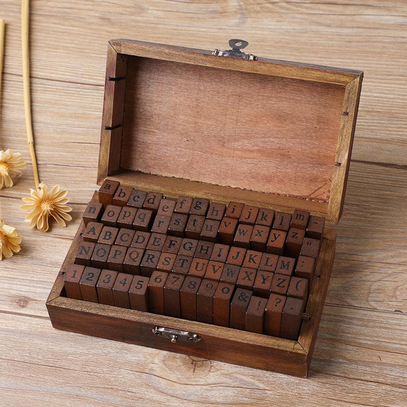 Retro Wooden Box Set: Uppercase & Lowercase English Alphabet and Number Stamps