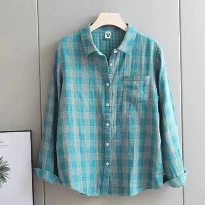 Camicia a maniche lunghe in tessuto a doppio strato di cotone, primavera e autunno, da donna, di alta qualità, a quadri, ampia, snellente, anti-invecchiamento