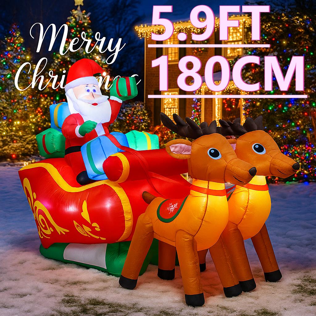 5.9FT LED Inflatable Christma Yard Decor Santa Sleigh with Reindeer Xmas Home Decoration Supplie Ornament Toy Gift Holiday Decor