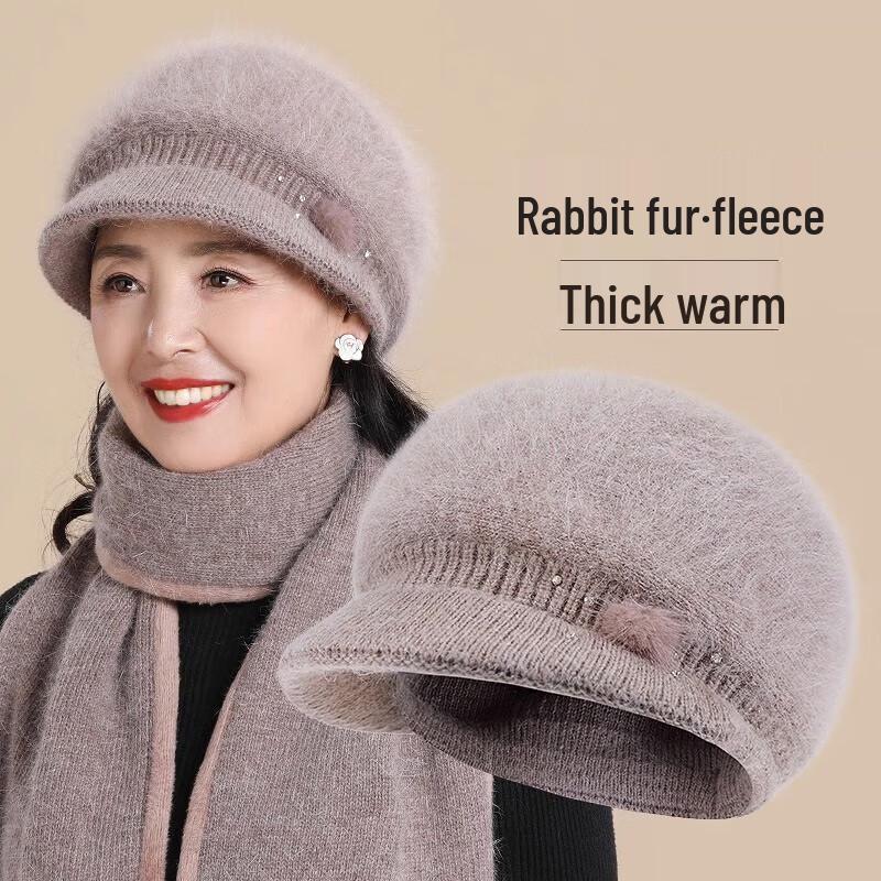 Elderly Women's Plush Lined Rabbit Fur Winter Hat, Scarf, & Gloves Set