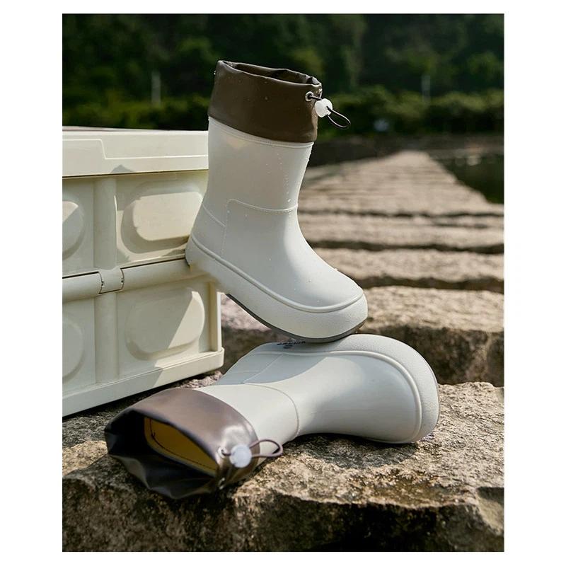 Women's Fashionable High End Anti Slip Waterproof Mid Tube Drawstring Rain Shoes