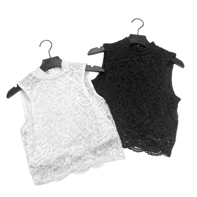 

B8012 Лето Экспорт Новинка Женская Модная Блузка Без Рукавов с Кружевом на Пупке и Воротником-стойкой Короткие Топы Жилет White XS