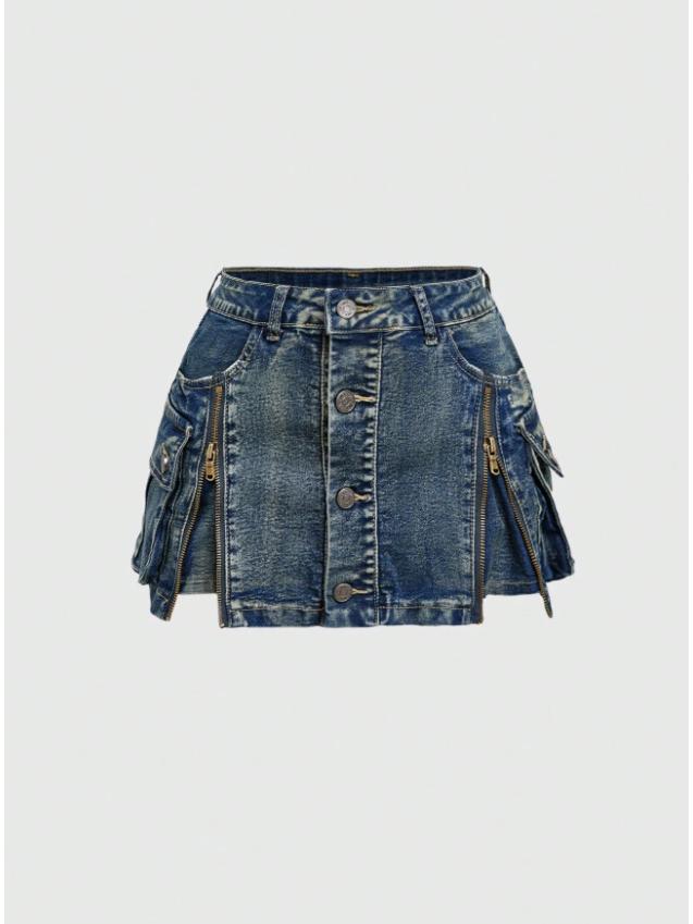 

European & American Style Multi-Zipper Solid Denim Mini Skirt Small