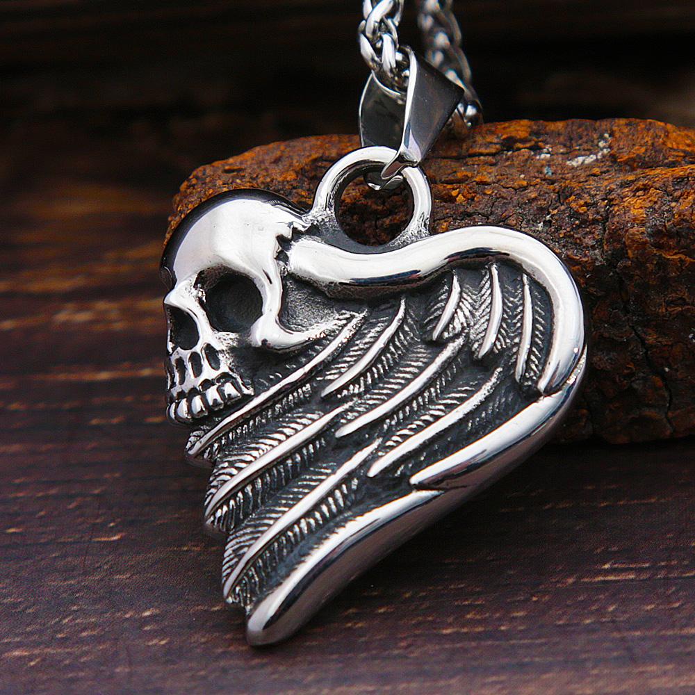 

Мужское ожерелье с кулоном черепа в форме сердца ожерелье из нержавеющей стали крылья черепа мужское женское панк-ювелирное украшение оптом