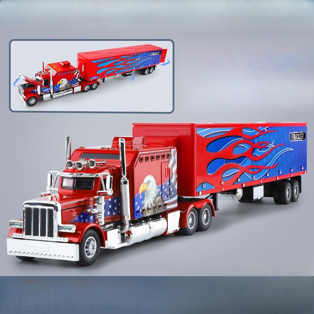 AAZF1 1:24 Amerikanische Schwerlastwagen-Anhänger Sound und Licht Pull-back Auto Kinderspielzeug Simulation Legierung Auto Modell Sammlung Ornament