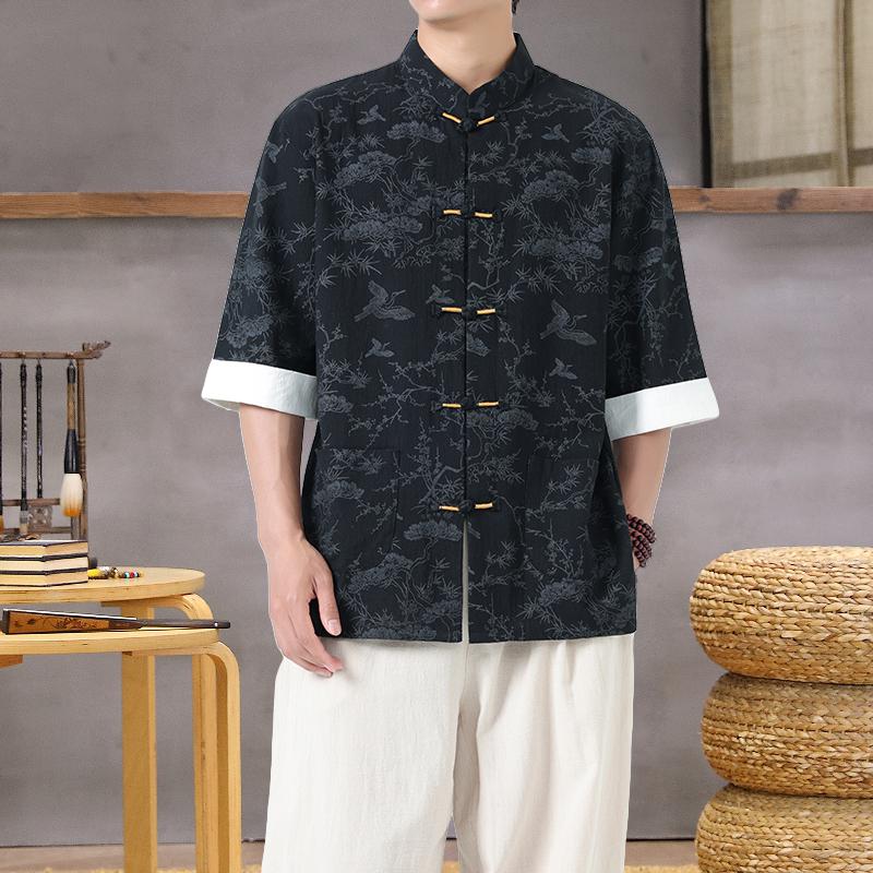 Men's Lightweight Mandarin Collar Printed Shirt Summer Chinese Style Cotton and Linen Casual Wear Top M-5XL