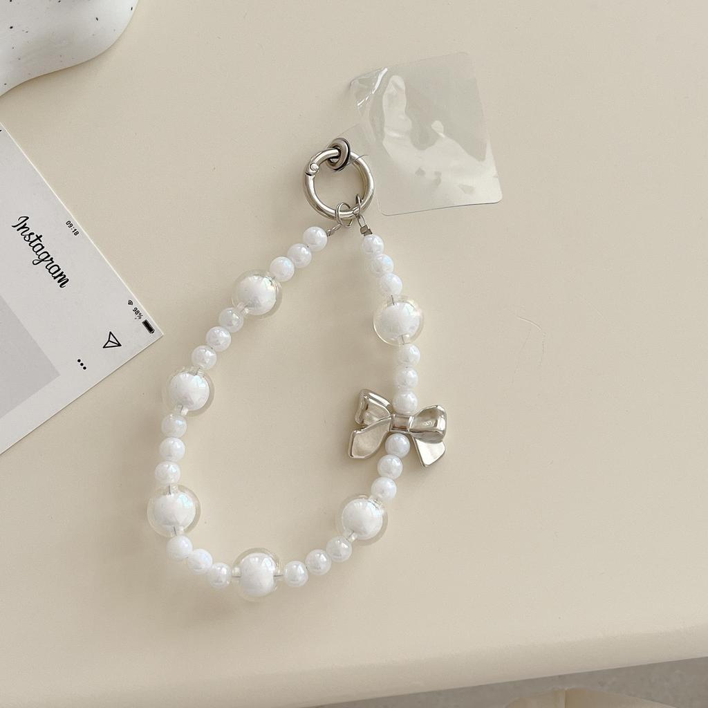 INS Korean Style Sweet Beaded Pearl Bowknot Phone Chain Pendant Bracelet Key Ring Bag Pendant Trendy