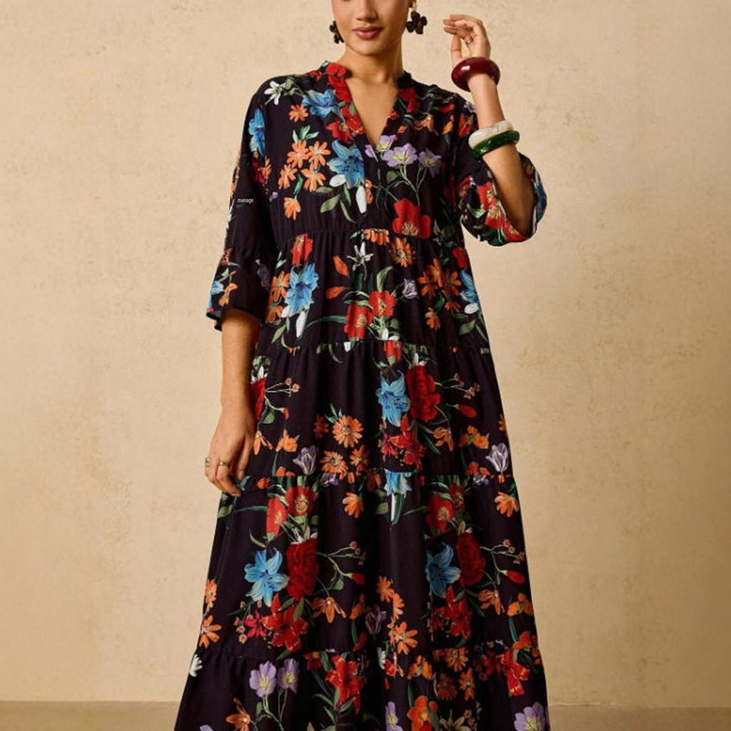 Plus Size Bohemian V-neck Long Dress - Spring/Summer European American Ethnic Style