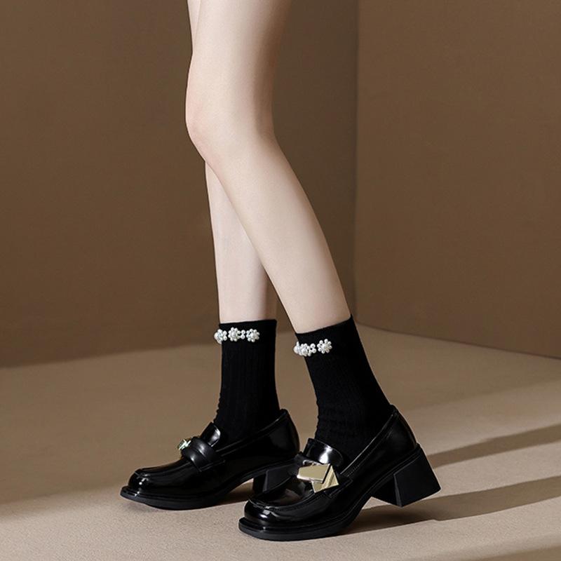 Japan Style Girls Lolita JK Shoes Metal Decoration Square Toe Hoof Heels Heels Female Sewing Loafers