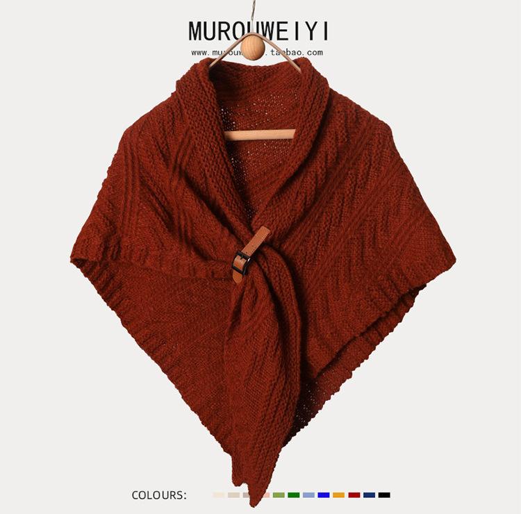 Women S Knitted Triangular Scarf With Buckle Dual Use As Shawl And Neck Warmer