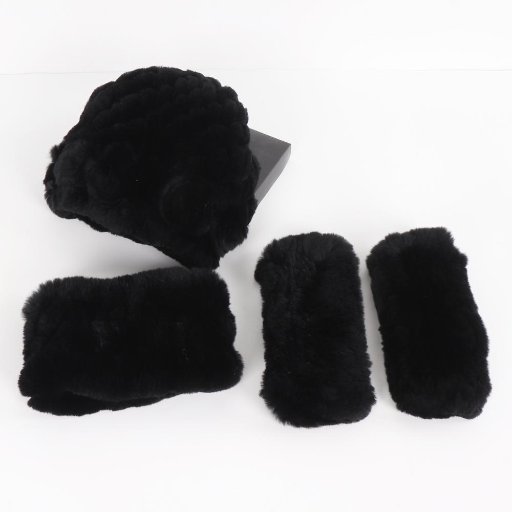 New Winter 3 Pieces Knitted Real Rex Rabbit Fur Hat Scarf Gloves Sets Women Natural Rex Rabbit Fur Warm Cap Scarves Mittens