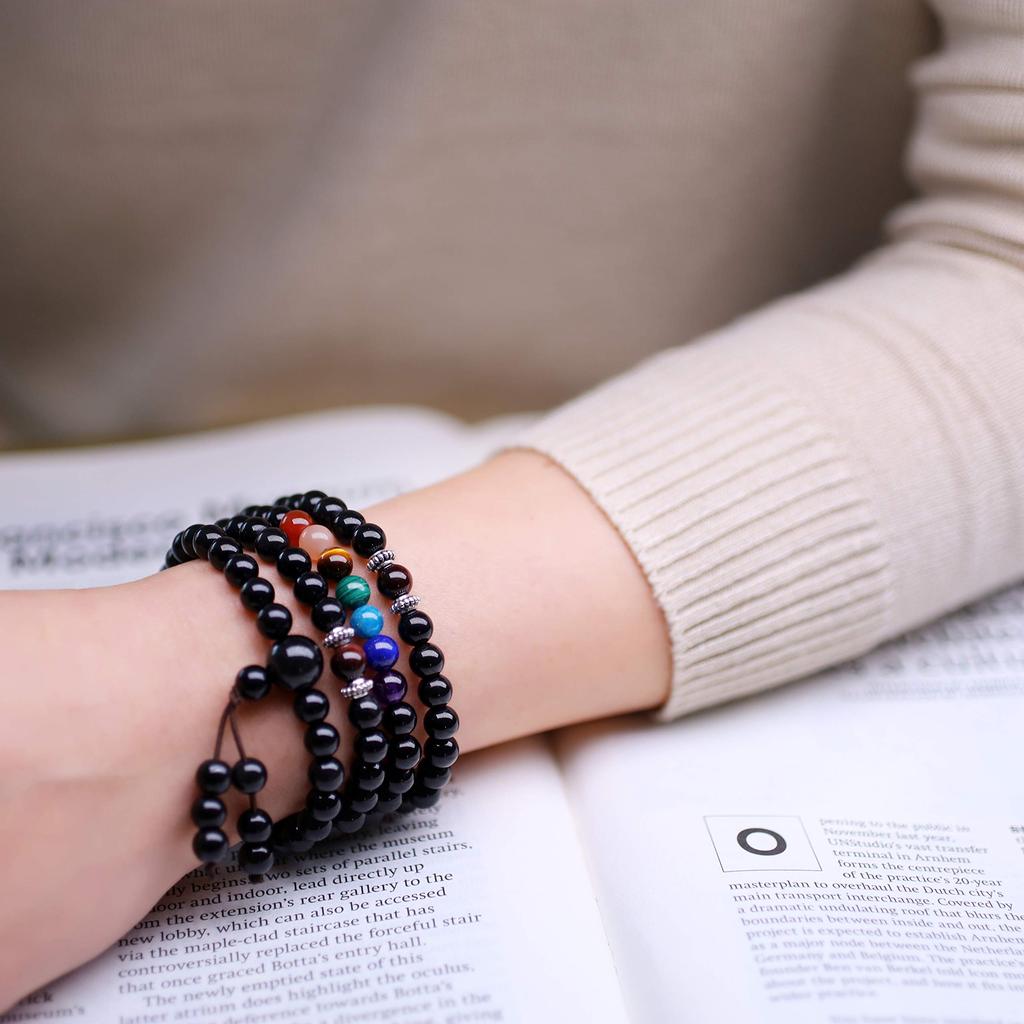 108 Beads Obsidian Chakra Bracelet Quadruple Mala Beads [Coai]