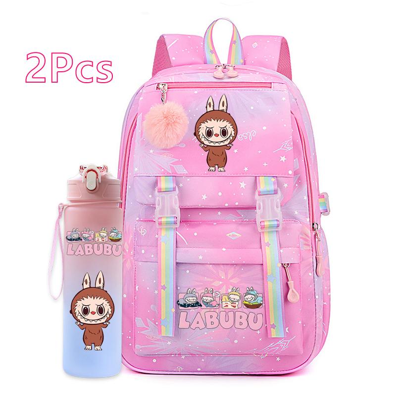 2Pcs/set Cute Printed Backpack with 750Ml Outdoor Sports Water Bottle Student Girl Boy Schoolbag Large Capacity Travel Bag Gift