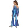 Girls Pageant & Stage Romper: Metallic Shiny Off Shoulder Jumpsuit with Sequin Tassels & Bell Bottom Legs for Disco