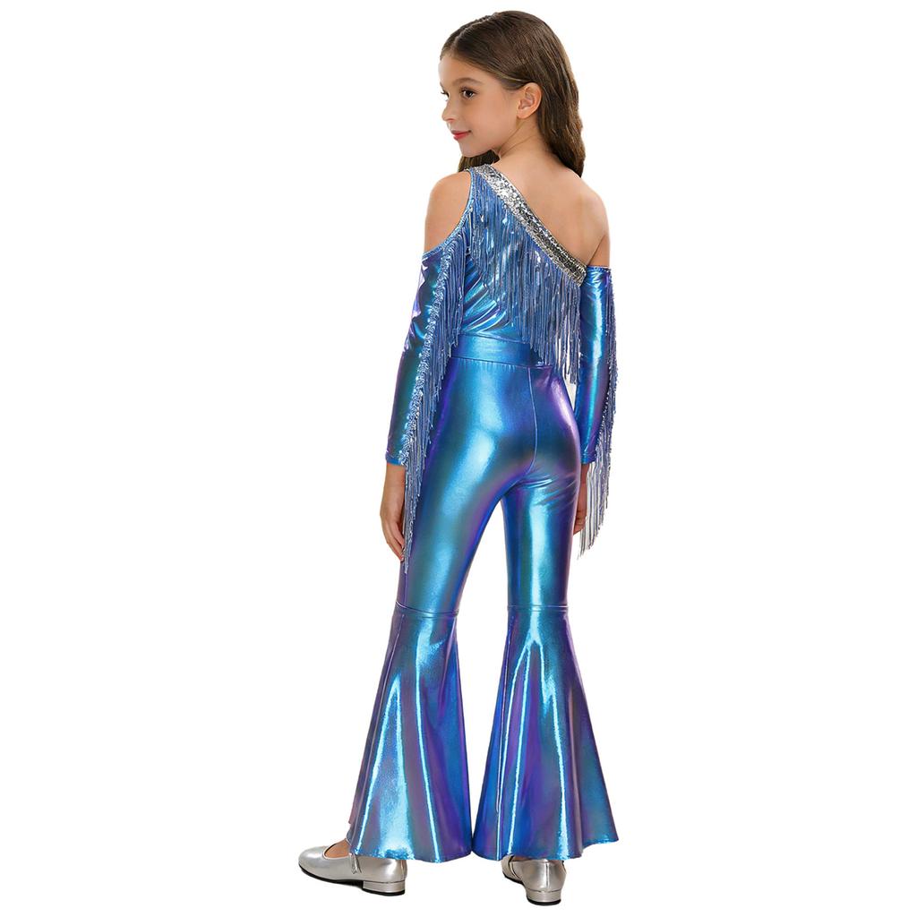 Girls Pageant & Stage Romper: Metallic Shiny Off Shoulder Jumpsuit with Sequin Tassels & Bell Bottom Legs for Disco