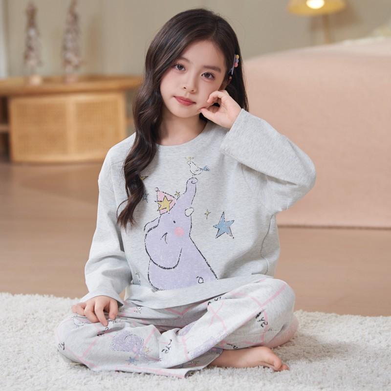 Girls Cotton Pajama Set Long Sleeve Round Neck Cartoon Print Sleepwear Kids Teens Home Wear