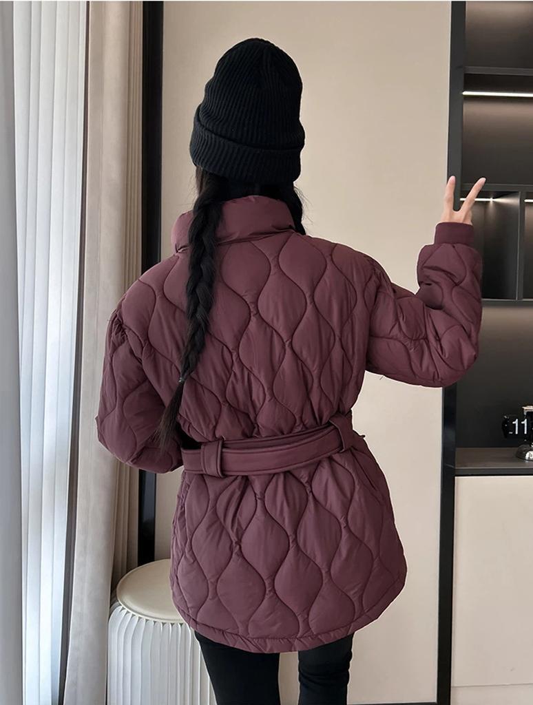 Women’s Short Quilted Windproof Winter Jacket With Belt